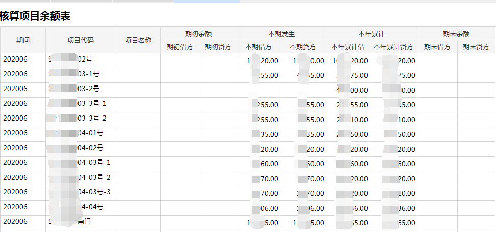 物业财务管理系统核算项目余额表