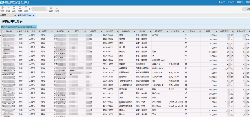 极致物业管理系统采购订单汇总表