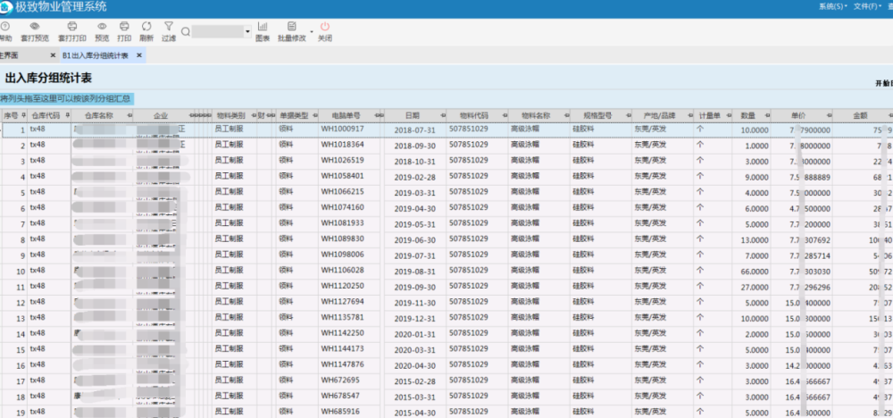 极致物业管理系统出入库分组统计表